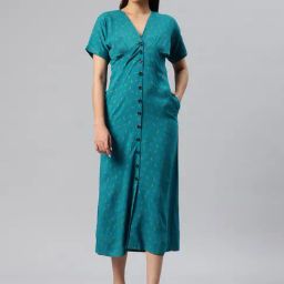 Cottinfab Blue Printed A Line Dress-image-91