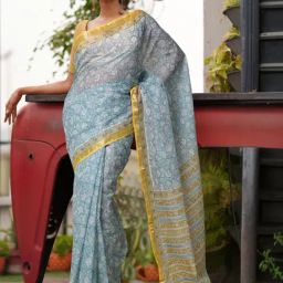 Unnati Silks Greyish Blue Printed Saree With Unstitched Blouse-image-77