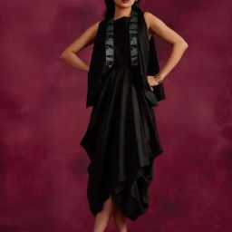 Abhishti Black Cotton Assymetric Dress With Jacket-image-1