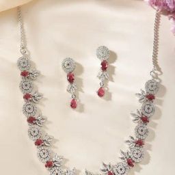 VOJ Pink Adjustable Circular AD Necklace & Earring Sets-21