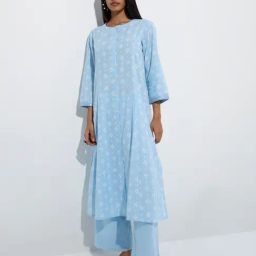 Utsa by Westside Blue Diamond Pattern Cotton A-Line Kurta-image-82