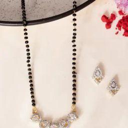VOJ Gold Adjustable AD Tear Drop Shape Mangalsutra & Earring Sets-48