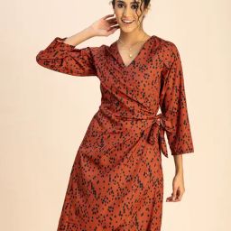 Moomaya Rust & Black Printed Wrap Dress-image-9