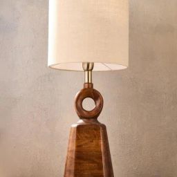 Fabindia Sangam Brown Wood Hand Carved Table Lamp with Shade-image-45