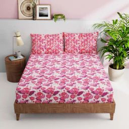 Bianca Essenza Pink Cotton 144 TC Double Bedsheet with Pillow Cover-image-40