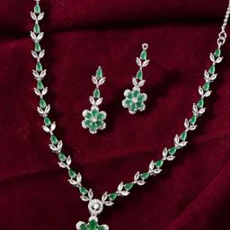 VOJ Green Adjustable Green Stone Floral AD Necklace & Earring Sets-image-12