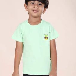 Kiddopanti Boys Green Half Sleeves "LOOKIN PINE" Sticker Printed Round Neck T-Shirt-image-7