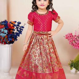 Lagorii Girls Embroidered Puffed Sleeves Zari Silk Ready to Wear Lehenga & Blouse-image-93