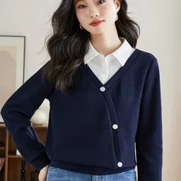 StyleCast Navy Blue V-Neck Cardigan With White Buttons-picture-10