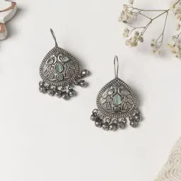 Teejh Ethnic Vanya Silver Oxidized Turquoise Dangler Earrings-image-57