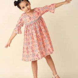 Fabindia Kids Peach Printed Dress-picture-15