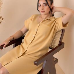 MAYKR Women Shirt Collar Neck Curved Hem Shirt Dress-image-52