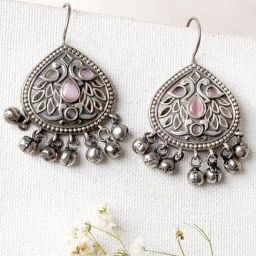 Teejh Ethnic Vanya Silver Oxidized Pink Dangler Earrings-0