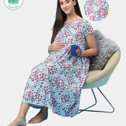 ECOMAMA Cap Sleeves Organic Cotton & Bamboo Antimicrobial Maternity Nighty Floral Print - Blue-image-45
