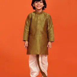 AJ Dezines Full Sleeves Solid Silk Blend Kurta With Coordinating Lace Embellished Dhoti - Olive Green-picture-27