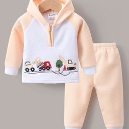 Kookie Kids Full Sleeves Winter Wear Suit With JCB Embroidery Print - Orange-image-11