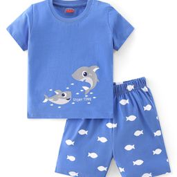 Babyhug Cotton Knit Half Sleeves Night Suit With Shark Print - Blue-image-65