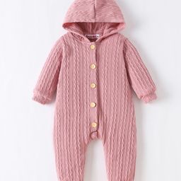 Kookie Kids Full Sleeves Hooded Romper with Cable Knit Design Solid Colour - Pink-image-49