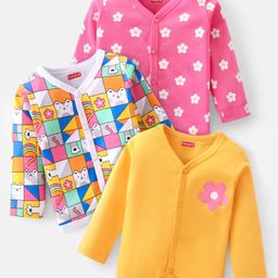 Babyhug 100% Cotton Knit Full Sleeves Front Open Vests Floral Print Pack of 3 - Multicolour-image-83