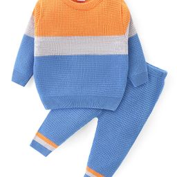 Babyhug Knitted Full Sleeves Pullover Sweater & Pant Set With Colour Block Design - Orange & Blue-picture-15
