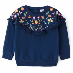 Babyhug Cotton Knit Full Sleeves Sweatshirt with Floral Embroidery & Frill Detailing - Navy Blue-image-16