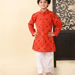 Superminis Full Sleeves Bandhani Designed Kurta With Pyjama Set - Red-image-20