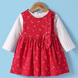 ToffyHouse 100% Cotton Knit Full Sleeves Polka Dots & Floral Printed T-Shirt & Frock - Red-picture-26