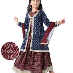 EARTHY TOUCH Single Jersey Knit Full Sleeves Floral Foil Printed Lehenga Choli Dupatta Set with Jacket - Maroon-image-84