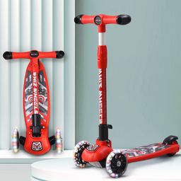 3 Wheel Foldable Kids Scooter with LED Lights and 4 Level Adjustable Handle Bar - Red-12