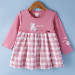 Cucumber Interlock Knit Full Sleeves Frock With Checks & Kitten Patch - Pink-22