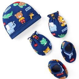 Babyhug 100% Cotton Interlock Knit Cap Mitten & Booties with Animal   Print -Navy Blue-image-26