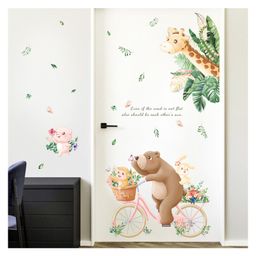 Jaamso Royals Cartoon Animals Pig Bear Riding Bicycle Green Plant Vinyl Wall Sticker-image-43