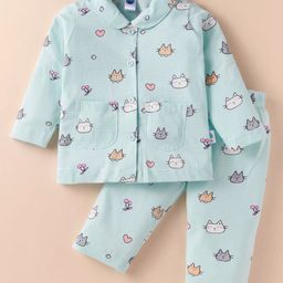 Teddy Sinker Knit Full Sleeves Animal Printed Night Suit - Sea Green-picture-1