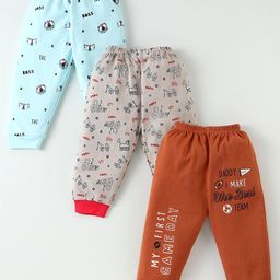 Mini Donuts Pajamas 100% Cotton Full Length Pajamas Text Printed Pack of 3 - Light Grey Light Blue & Brown-image-102