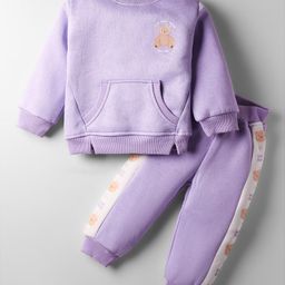 Little Kangaroos Fleece Knit Winter Wear Full Sleeves Bear Printed T-Shirt & Lounge Pants with Kangroo Pockets & Joggers Set - Mauve-image-31