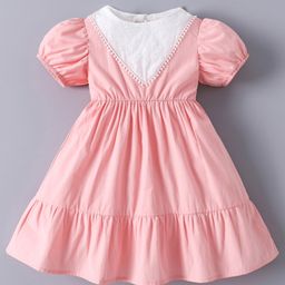 Mark & Mia Cotton Half Puffed Sleeves Tiered Frock with Floral Embroidery & Bow Detailing at the Back - Pink-image-54