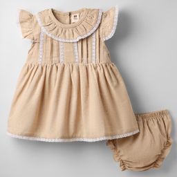 ToffyHouse Cotton Knit Frill Sleeves Solid Color Frock With Bloomer & Lace Detailing - Tan-picture-12