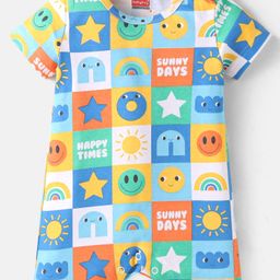 Babyhug 100% Cotton Knit Half Sleeves Romper with Smiley Print - White-image-66