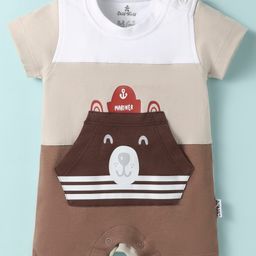 Child World Interlock Knit Half Sleeves Romper With Animal Print & Kangaroo Pocket - Brown-picture-42
