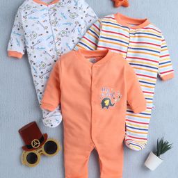 BUMZEE Cotton Knit Full Sleeves Footed Sleep Suits with Jungle Theme Print & Stripes Pack of 3 - Orange & White-image-87
