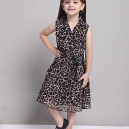 Mini & Ming Georgette Sleeveless Animal Printed Dress - Black-image-68
