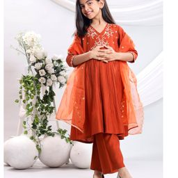 misbis Silk Blend Three Fourth Sleeves Floral Embroidered & Sequins Embellished Kurta Palazzo With Dupatta Set - Rust Orange-image-77