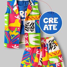 Ollington St. Cotton Printed Co-ord set of Sleeveless Coat & Shorts with Inner Top - Multicolour-image-69