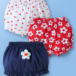 Babyhug 100% Cotton Floral & Hearts Printed Bloomers Pack Of 3 - Red Navy Blue & White-image-100