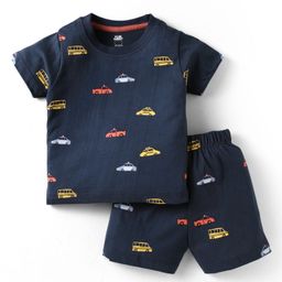 Pink Rabbit Single Jersey Knit Half Sleeves Shorts Co-ords Night Suit With Vehicle Print - Navy Blue-image-71