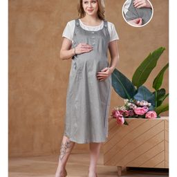 Lovely Mom's Oxford Woven Half Sleeves Cut & Sew Maternity Dress With Nursing Access - Grey-image-19