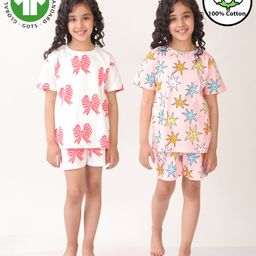 Anthrilo 100% Cotton Knit Pack Of 2 Half Sleeves Bow & Star Printed Coordinating Night Suit Set - White & Pink-image-35