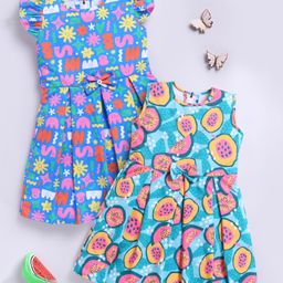 TOONYPORT Cotton Pack Of 2 Sleeveless Papaya & Alphabets Printed Dresses - Multi Colour-image-77