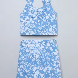 Taffykids Poplin Woven Sleeveless Leaves Printed Halter Neck Detailed Ruched Crop Top With Coordinating Skirt Set - Blue & White-picture-41
