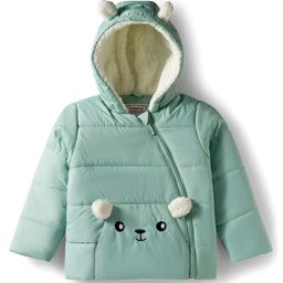 Babyhug Woven Full Sleeves Hooded Padded Jacket With Animal Applique - Mint Green-picture-24